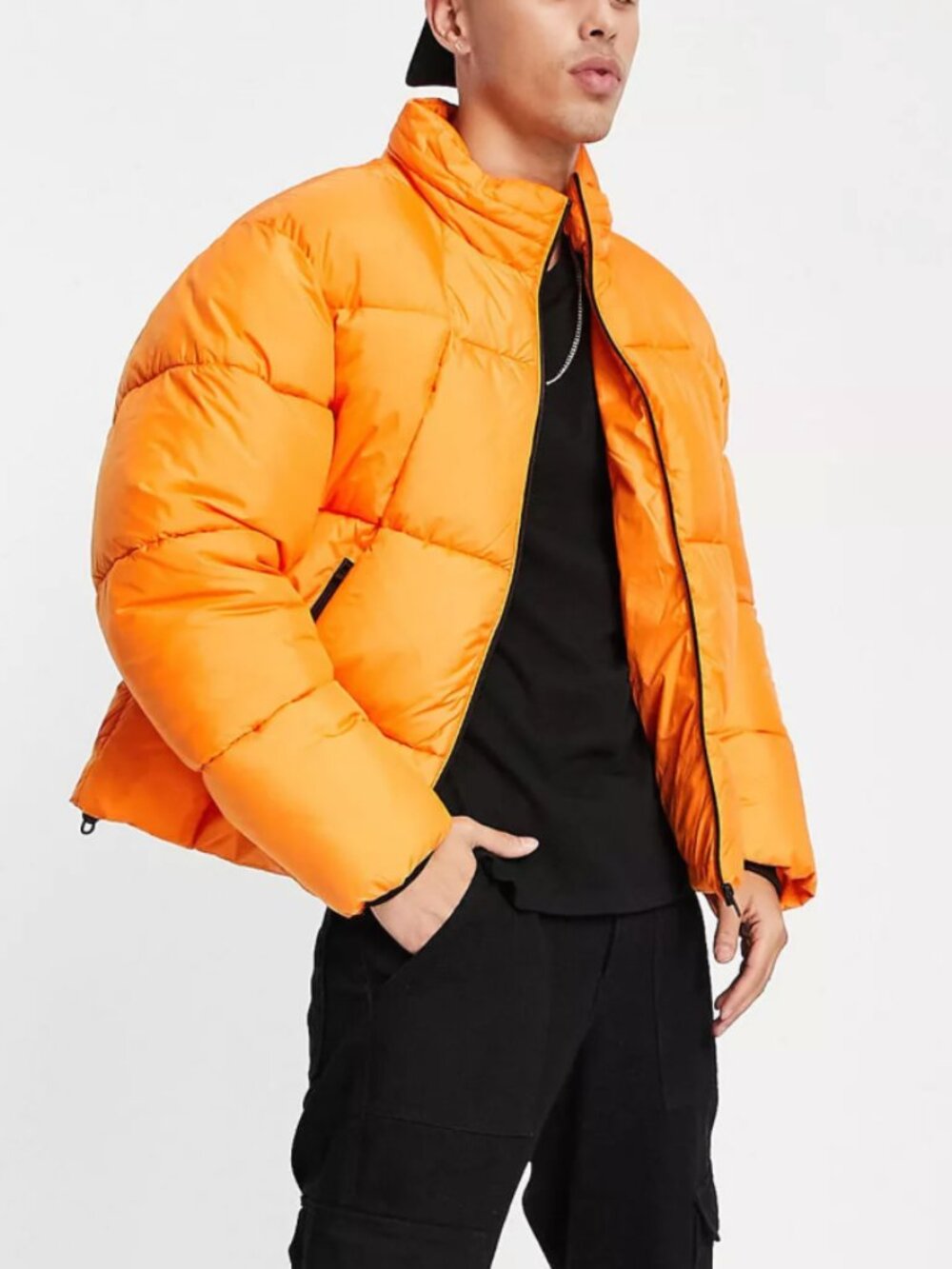NWT Topman Orange Zip Front Puffer Jacket with Stand Collar in Men's X-Large